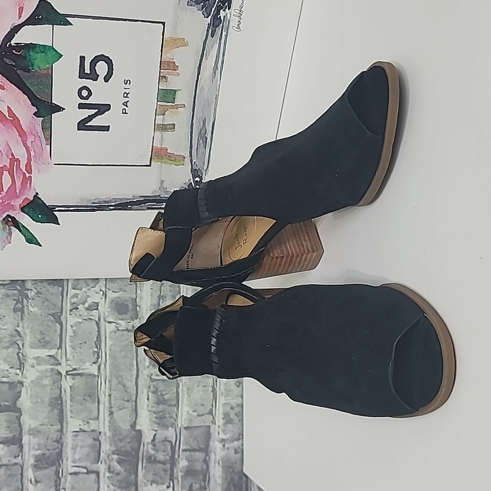 Jack Rogers Cameron Black Suede Open Toe  Ankle Strap Booties Size 8M